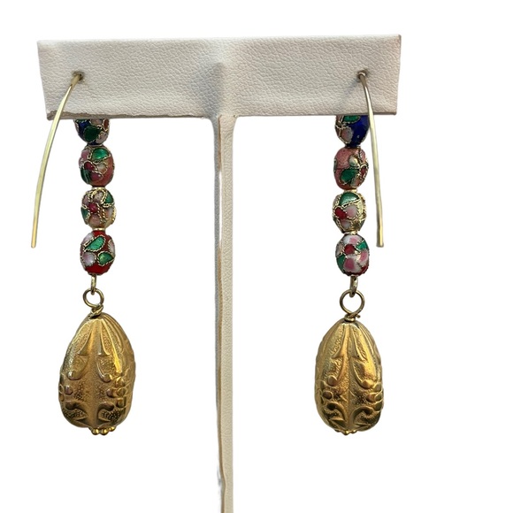 HAND CRAFTED Pierced Earrings Cloisonnés Gold Statement Drops Marquis Ear Wires - Picture 3 of 11